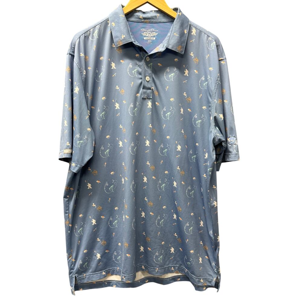 Straight Down Polo Shirt Mens XXL Blue Performance Fishing Print SCC Golf Logo